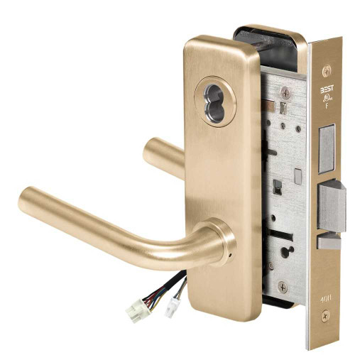 BEST 45HW7TWEL12J606RQE Fail Safe 24V Double Cylinder With Deadbolt Electrified Mortise Lock 12 Lever J Escutcheon Request to Exit Satin Brass 45HW7TWEL12J606RQE