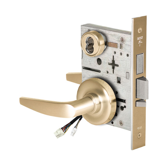 BEST 45HW7TWEL16R606RQE12V Fail Safe 12V Double Cylinder With Deadbolt Electrified Mortise Lock 16 Lever R Rose Request to Exit Satin Brass