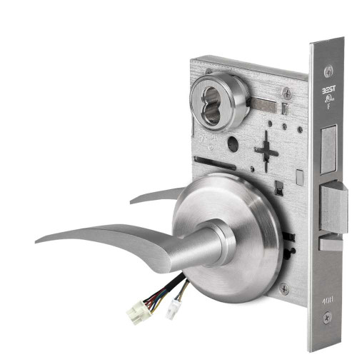 BEST 45HW7TDEU17RS626AM Fail Secure 24V With Deadbolt Electrified Mortise Lock 17 Lever S Rose Right Hand Satin Chrome Antimicrobial 45HW7TDEU17RS626AM