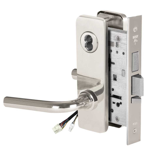 BEST 45HW7TWEL12J625RQE Fail Safe 24V Double Cylinder With Deadbolt Electrified Mortise Lock 12 Lever J Escutcheon Request to Exit Bright Chrome 45HW7TWEL12J625RQE