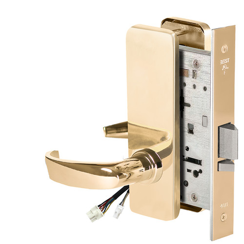 BEST 45HW0NXEU14J605RQE12V Fail Secure 12V No Key Override Electrified Mortise Lock 14 Lever J Escutcheon Request to Exit Bright Brass