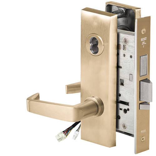 BEST 45HW7TWEL15M606RQE12V Fail Safe 12V Double Cylinder With Deadbolt Electrified Mortise Lock 15 Lever M Escutcheon Request to Exit Satin Brass