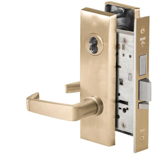 BEST 45HW7TWEL15M606RQE12V Fail Safe 12V Double Cylinder With Deadbolt Electrified Mortise Lock 15 Lever M Escutcheon Request to Exit Satin Brass 45HW7TWEL15M606RQE12V