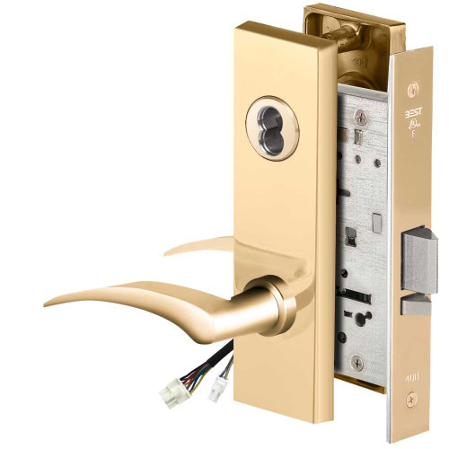 BEST 45HW7WEL17LM605 Fail Safe 24V Double Cylinder Electrified Mortise Lock 17 Lever M Escutcheon Left Hand Bright Brass 45HW7WEL17LM605