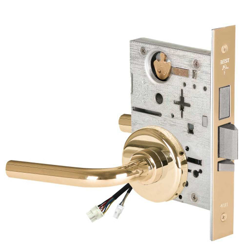 BEST 45HW0LEU12H605 Fail Secure 24V With Deadbolt No Key Override Electrified Mortise Lock 12 Lever H Rose Bright Brass 45HW0LEU12H605