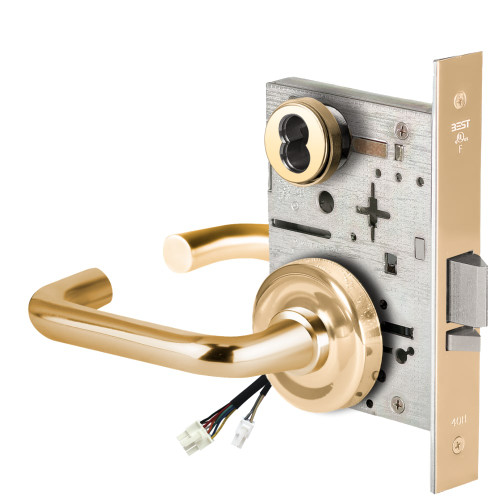 BEST 45HW7WEL3R605RQE Fail Safe 24V Double Cylinder Electrified Mortise Lock 3 Lever R Rose Request to Exit Bright Brass