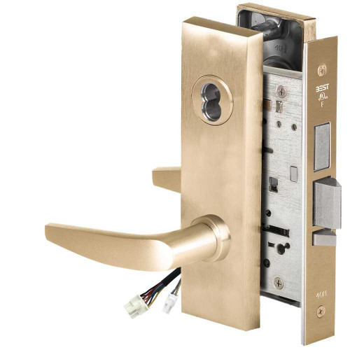 BEST 45HW7TDEL16M606RQE Fail Safe 24V With Deadbolt Electrified Mortise Lock 16 Lever M Escutcheon Request to Exit Satin Brass 45HW7TDEL16M606RQE