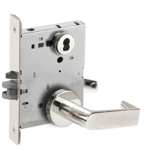 Schlage L9071J 06A 625 Grade 1 Classroom Security Mortise Lock Schlage FSIC Less Core 06 Lever A Rose Bright Chrome Finish Field Reversible L9071J 06A 625