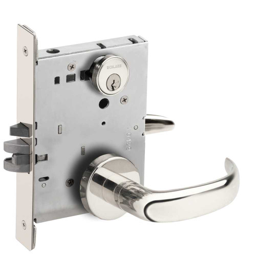 Schlage L9050P 17A 625 Grade 1 Entrance Office Mortise Lock Conventional Cylinder S123 Keyway 17 Lever A Rose Bright Chrome Finish Field Reversible L9050P 17A 625