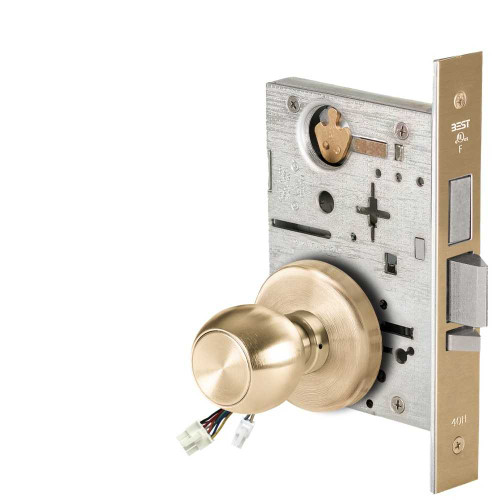BEST 45HW0LEL4H60612V Fail Safe 12V With Deadbolt No Key Override Electrified Mortise Lock 4 Knob H Rose Satin Brass 45HW0LEL4H60612V