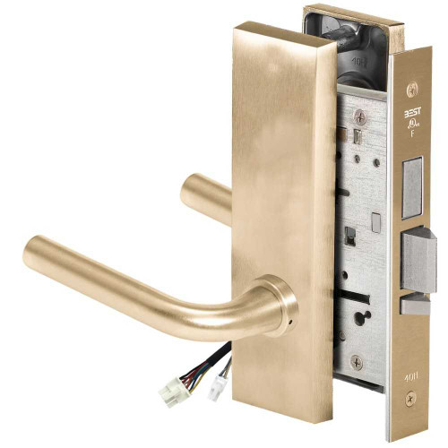 BEST 45HW0LEU12M60612V Fail Secure 12V With Deadbolt No Key Override Electrified Mortise Lock 12 Lever M Escutcheon Satin Brass 45HW0LEU12M60612V