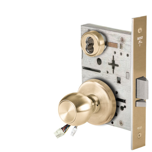 BEST 45HW7DEU4H606RQE Fail Secure 24V Electrified Mortise Lock 4 Knob H Rose Request to Exit Satin Brass