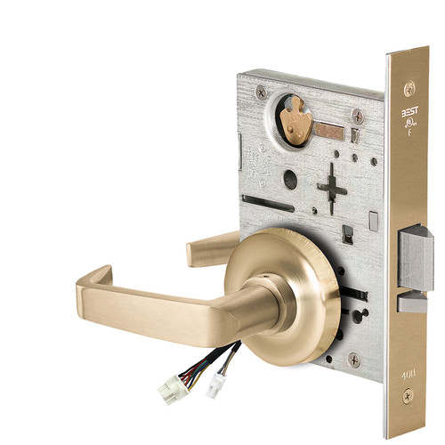 BEST 45HW0NXEU15R606RQE12V Fail Secure 12V No Key Override Electrified Mortise Lock 15 Lever R Rose Request to Exit Satin Brass