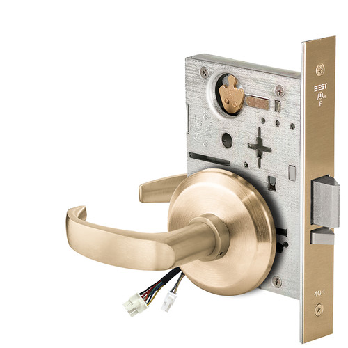 BEST 45HW0NXEU14S606RQE12V Fail Secure 12V No Key Override Electrified Mortise Lock 14 Lever S Rose Request to Exit Satin Brass