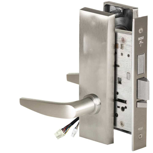 BEST 45HW0LEU16M619RQE Fail Secure 24V With Deadbolt No Key Override Electrified Mortise Lock 16 Lever M Escutcheon Request to Exit Satin Nickel 45HW0LEU16M619RQE