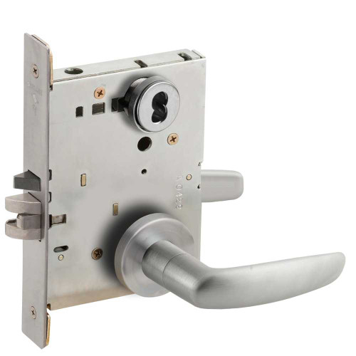 Schlage L9071J 07A 626 Grade 1 Classroom Security Mortise Lock Schlage FSIC Less Core 07 Lever A Rose Satin Chrome Finish Field Reversible L9071J 07A 626