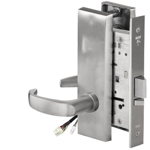 BEST 45HW0NXEU14M626AMRQE12V Fail Secure 12V No Key Override Electrified Mortise Lock 14 Lever M Escutcheon Request to Exit Satin Chrome Antimicrobial