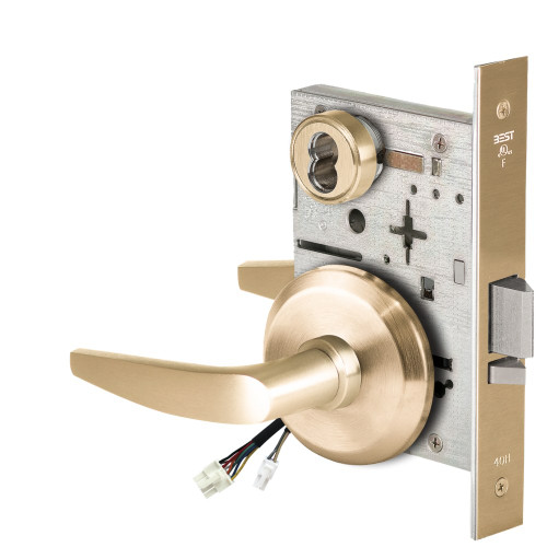 BEST 45HW7WEL16S606RQE Fail Safe 24V Double Cylinder Electrified Mortise Lock 16 Lever S Rose Request to Exit Satin Brass