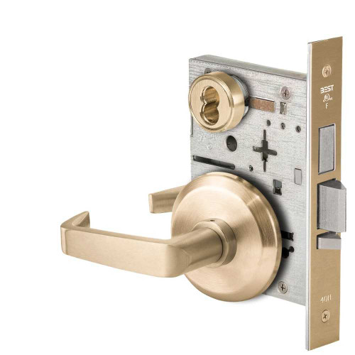 BEST 45HW7TDEL15S606RQE Fail Safe 24V With Deadbolt Electrified Mortise Lock 15 Lever S Rose Request to Exit Satin Brass 45HW7TDEL15S606RQE