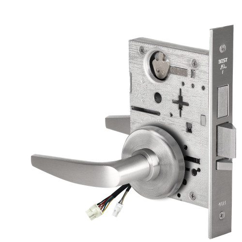 BEST 45HW0LEU16H626AMRQE12V Fail Secure 12V With Deadbolt No Key Override Electrified Mortise Lock 16 Lever H Rose Request to Exit Satin Chrome Antimicrobial