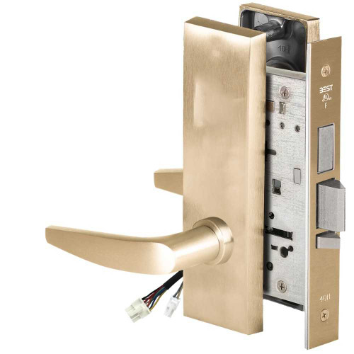 BEST 45HW0LEU16M606RQE12V Fail Secure 12V With Deadbolt No Key Override Electrified Mortise Lock 16 Lever M Escutcheon Request to Exit Satin Brass 45HW0LEU16M606RQE12V