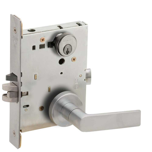Schlage L9050P 01A 630 Grade 1 Entrance Office Mortise Lock Conventional Cylinder S123 Keyway 01 Lever A Rose Satin Stainless Steel Finish Field Reversible L9050P 01A 630