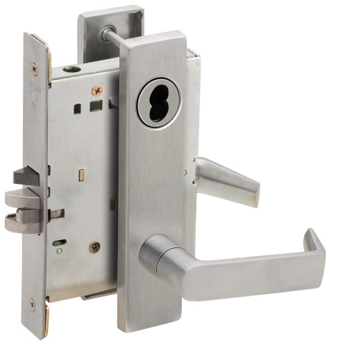 Schlage L9071B 06L 626 Grade 1 Classroom Security Mortise Lock SFIC Prep Less Core 06 Lever L Escutcheon Satin Chrome Finish Field Reversible L9071B 06L 626