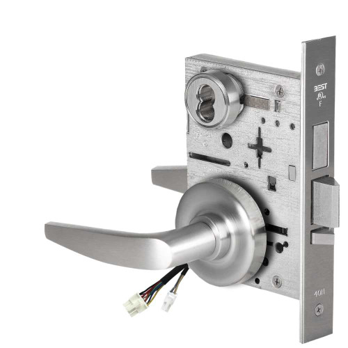 BEST 45HW7TWEL16R626AM12V Fail Safe 12V Double Cylinder With Deadbolt Electrified Mortise Lock 16 Lever R Rose Satin Chrome Antimicrobial 45HW7TWEL16R626AM12V
