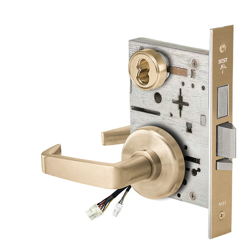 BEST 45HW7TWEL15H606RQE12V Fail Safe 12V Double Cylinder With Deadbolt Electrified Mortise Lock 15 Lever H Rose Request to Exit Satin Brass