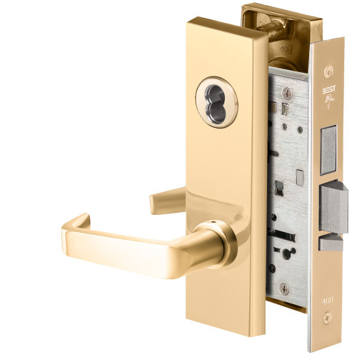 BEST 45HW7TWEU15M605RQE12V Fail Secure 12V Double Cylinder with Deadbolt Electrified Mortise Lock 15 Lever M Escutcheon Request to Exit Bright Brass