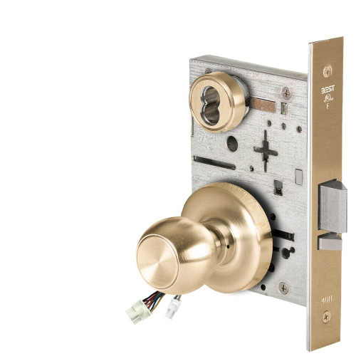 BEST 45HW7WEL4R606RQE Fail Safe 24V Double Cylinder Electrified Mortise Lock 4 Knob R Rose Request to Exit Satin Brass 45HW7WEL4R606RQE