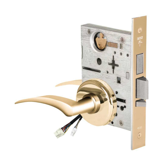 BEST 45HW0LEL17LH60512V Fail Safe 12V With Deadbolt No Key Override Electrified Mortise Lock 17 Lever H Rose Left Hand Bright Brass 45HW0LEL17LH60512V