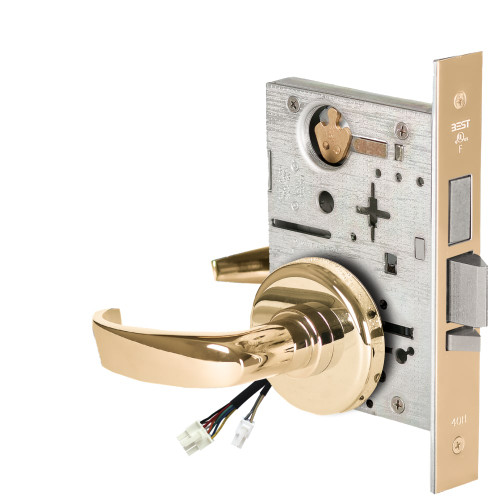 BEST 45HW0LEL14H605RQE12V Fail Safe 12V With Deadbolt No Key Override Electrified Mortise Lock 14 Lever H Rose Request to Exit Bright Brass