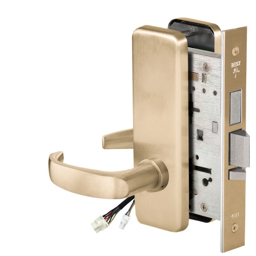 BEST 45HW0LEL14J606RQE12V Fail Safe 12V With Deadbolt No Key Override Electrified Mortise Lock 14 Lever J Escutcheon Request to Exit Satin Brass