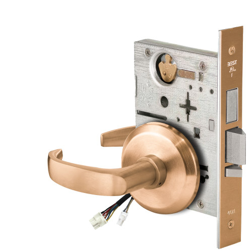BEST 45HW0LEL14S612RQE12V Fail Safe 12V With Deadbolt No Key Override Electrified Mortise Lock 14 Lever S Rose Request to Exit Satin Bronze