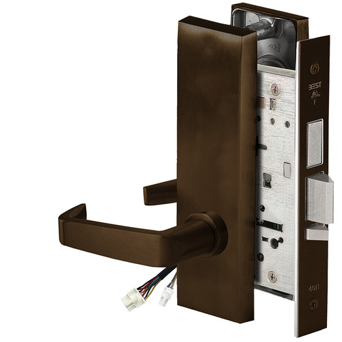 BEST 45HW0LEL15M611RQE12V Fail Safe 12V With Deadbolt No Key Override Electrified Mortise Lock 15 Lever M Escutcheon Request to Exit Bright Bronze
