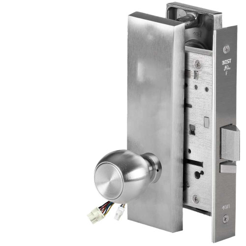 BEST 45HW0NXEU4M626AMRQE Fail Secure 24V No Key Override Electrified Mortise Lock 4 Knob M Escutcheon Request to Exit Satin Chrome Antimicrobial 45HW0NXEU4M626AMRQE