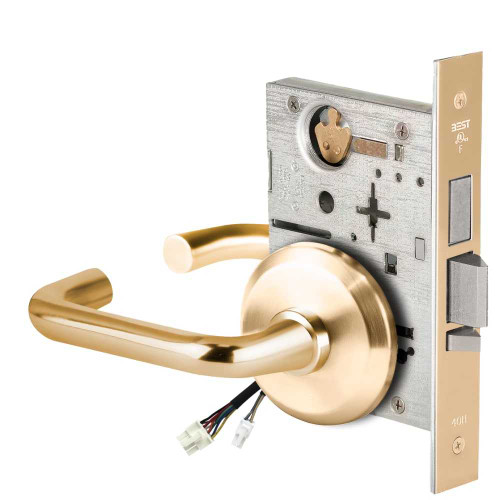 BEST 45HW0LEL3S605RQE Fail Safe 24V With Deadbolt No Key Override Electrified Mortise Lock 3 Lever S Rose Request to Exit Bright Brass 45HW0LEL3S605RQE