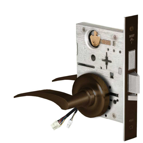 BEST 45HW0LEU17RR611RQE12V Fail Secure 12V With Deadbolt No Key Override Electrified Mortise Lock 17 Lever R Rose Right Hand Request to Exit Bright Bronze 45HW0LEU17RR611RQE12V