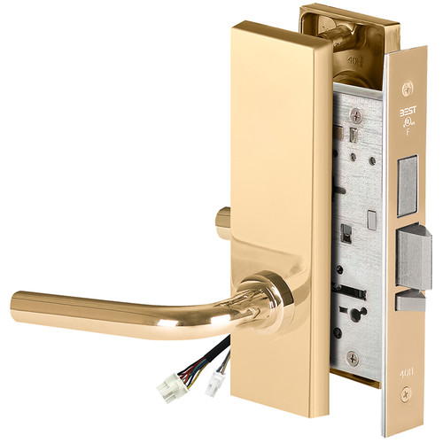 BEST 45HW0LEL12M605RQE12V Fail Safe 12V With Deadbolt No Key Override Electrified Mortise Lock 12 Lever M Escutcheon Request to Exit Bright Brass