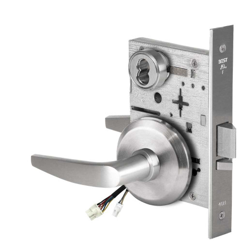 BEST 45HW7WEU16S626AM Fail Secure 24V Double Cylinder Electrified Mortise Lock 16 Lever S Rose Satin Chrome Antimicrobial 45HW7WEU16S626AM