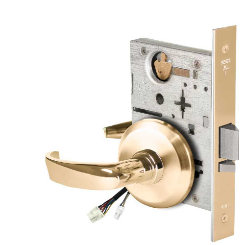 BEST 45HW0NXEL14S605RQE Fail Safe 24V No Key Override Electrified Mortise Lock 14 Lever S Rose Request to Exit Bright Brass 45HW0NXEL14S605RQE