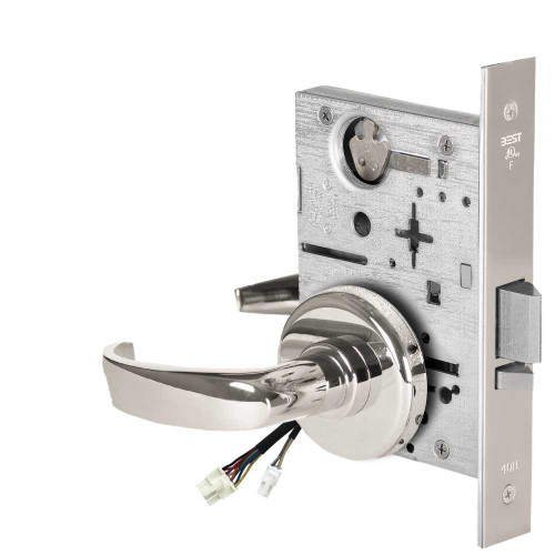 BEST 45HW0NXEL14H629RQE Fail Safe 24V No Key Override Electrified Mortise Lock 14 Lever H Rose Request to Exit Bright Stainless Steel 45HW0NXEL14H629RQE