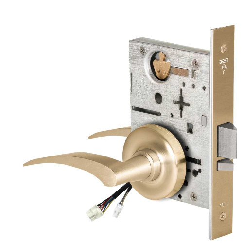 BEST 45HW0NXEL17RR606RQE12V Fail Safe 12V No Key Override Electrified Mortise Lock 17 Lever R Rose Right Hand Request to Exit Satin Brass 45HW0NXEL17RR606RQE12V