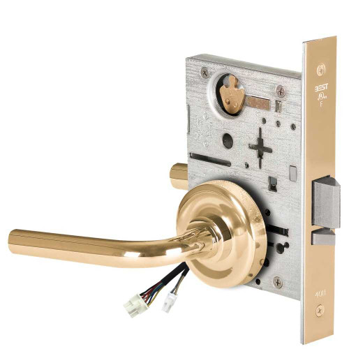 BEST 45HW0NXEU12R605RQE12V Fail Secure 12V No Key Override Electrified Mortise Lock 12 Lever R Rose Request to Exit Bright Brass 45HW0NXEU12R605RQE12V