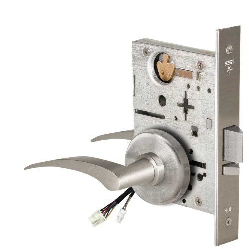 BEST 45HW0NXEL17RH619RQE12V Fail Safe 12V No Key Override Electrified Mortise Lock 17 Lever H Rose Right Hand Request to Exit Satin Nickel 45HW0NXEL17RH619RQE12V