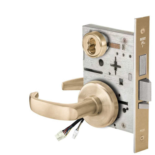 BEST 45HW7TDEU14H606RQE12V Fail Secure 12V With Deadbolt Electrified Mortise Lock 14 Lever H Rose Request to Exit Satin Brass 45HW7TDEU14H606RQE12V