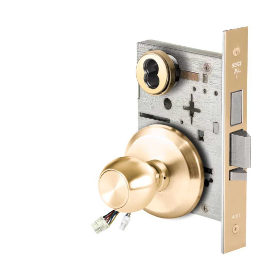 BEST 45HW7TDEL4S605RQE Fail Safe 24V With Deadbolt Electrified Mortise Lock 4 Knob S Rose Request to Exit Bright Brass 45HW7TDEL4S605RQE