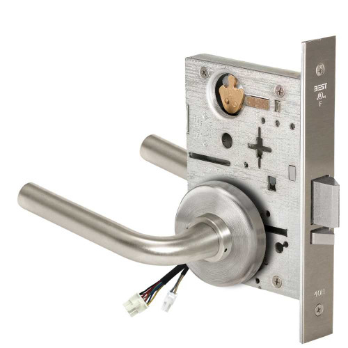 BEST 45HW0NXEL12H619RQE12V Fail Safe 12V No Key Override Electrified Mortise Lock 12 Lever H Rose Request to Exit Satin Nickel 45HW0NXEL12H619RQE12V
