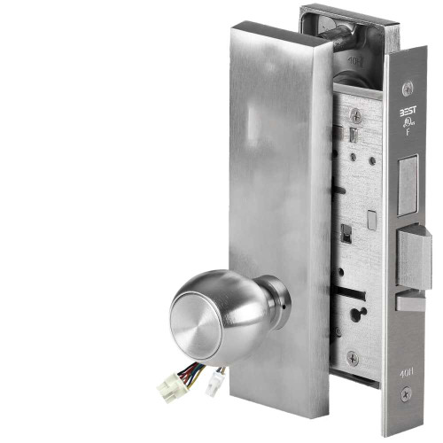 BEST 45HW0LEU4M626AMRQE Fail Secure 24V With Deadbolt No Key Override Electrified Mortise Lock 4 Knob M Escutcheon Request to Exit Satin Chrome Antimicrobial 45HW0LEU4M626AMRQE